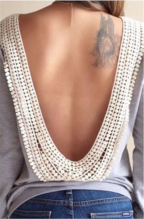 AIMTOPPY Fashion Womens Backless Long Sleeve Shirt Casual Blouse Tops (L, White)