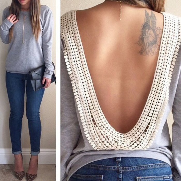 AIMTOPPY Fashion Womens Backless Long Sleeve Shirt Casual Blouse Tops (L, White) N2