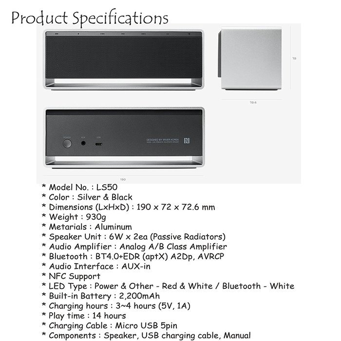 IRIVER Portable Wireless Bluetooth Speaker LS50 Silver N5