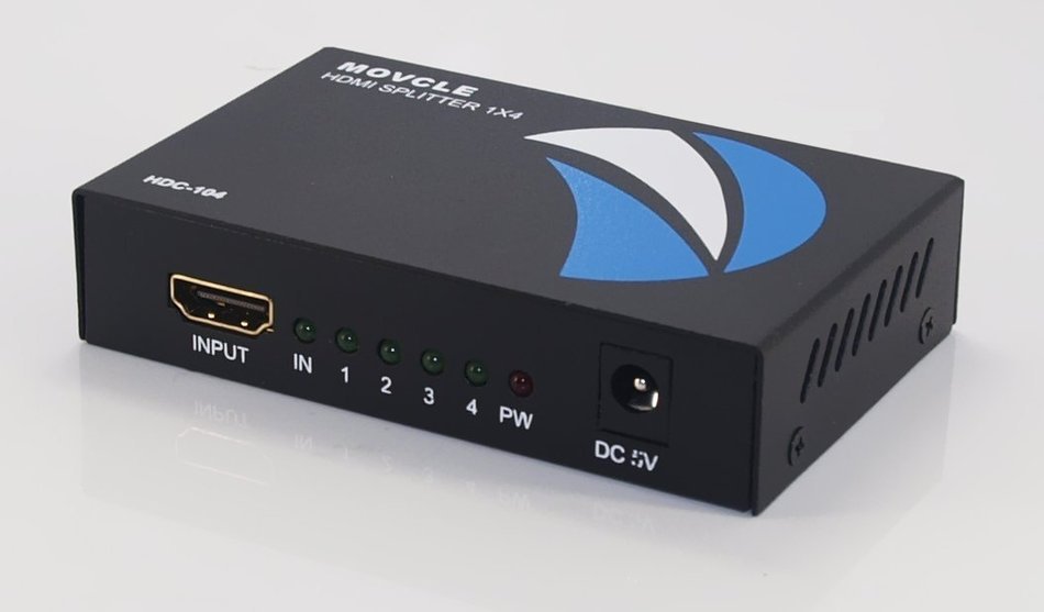 HDMI Splitter 1 in 4 out Movcle&reg; Full HD 1080P 1X4 Port Box Hub with US Adapter v1.4 Powered Certified for 3D...