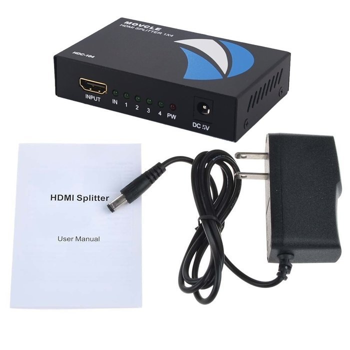 HDMI Splitter 1 in 4 out Movcle&reg; Full HD 1080P 1X4 Port Box Hub with US Adapter v1.4 Powered Certified for 3D... N3