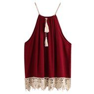 AIMTOPPY Women Lace Off Shoulder Trimmed Tasselled Drawstring Blouse Tank Tops (S)
