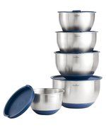 VonShef Professional 5 Piece Mixing Bowl Set - Stainless Steel with Lids, Non-Slip Surface and 3 Grater Attachments N2