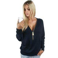 AIMTOPPY Womens Deep V-Neck T-shirt Zipper Loose Pullover Sweatshirt Blouse Long Sleeve Tops (L, Black)