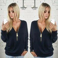 AIMTOPPY Womens Deep V-Neck T-shirt Zipper Loose Pullover Sweatshirt Blouse Long Sleeve Tops (L, Black) N2