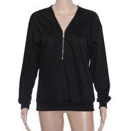 AIMTOPPY Womens Deep V-Neck T-shirt Zipper Loose Pullover Sweatshirt Blouse Long Sleeve Tops (L, Black) N3