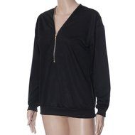 AIMTOPPY Womens Deep V-Neck T-shirt Zipper Loose Pullover Sweatshirt Blouse Long Sleeve Tops (L, Black) N4