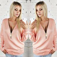 AIMTOPPY Womens Deep V-Neck T-shirt Zipper Loose Pullover Sweatshirt Blouse Long Sleeve Tops (L, Black) N7