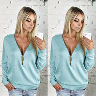 AIMTOPPY Womens Deep V-Neck T-shirt Zipper Loose Pullover Sweatshirt Blouse Long Sleeve Tops (L, Black) N10