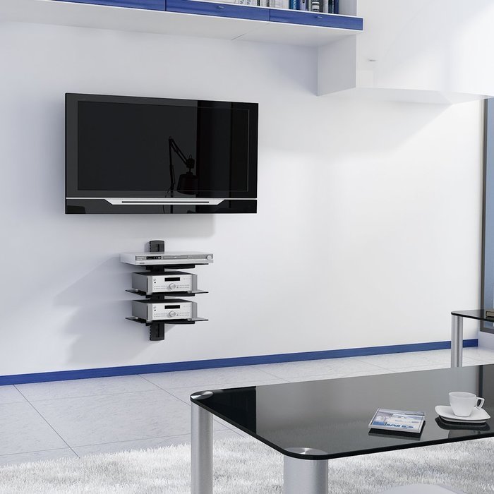 VonHaus 3x Black Floating Shelves with Strengthened Tempered Glass for DVD Players/Cable Boxes/Games Consoles/... N7