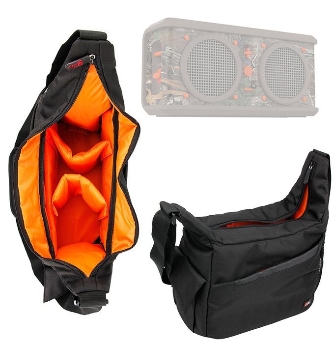 DURAGADGET Premium Quality Shoulder 'Sling' Bag in Black & Orange for the NEW Skullcandy Air Raid / Ambush / Shrapnel...