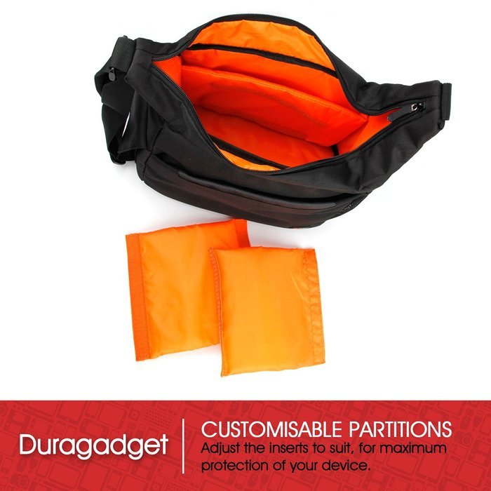 DURAGADGET Premium Quality Shoulder 'Sling' Bag in Black & Orange for the NEW Skullcandy Air Raid / Ambush / Shrapnel... N3