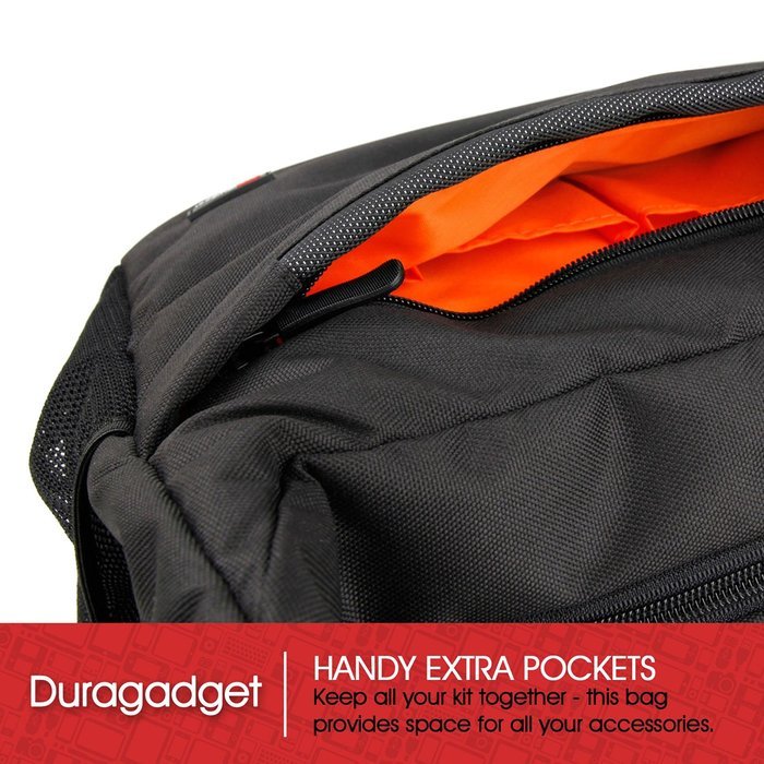 DURAGADGET Premium Quality Shoulder 'Sling' Bag in Black & Orange for the NEW Skullcandy Air Raid / Ambush / Shrapnel... N4