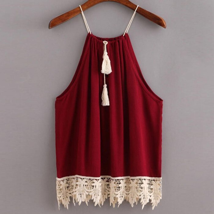 AIMTOPPY Women Lace Off Shoulder Trimmed Tasselled Drawstring Blouse Tank Tops (S) N2