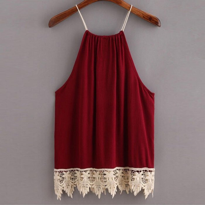 AIMTOPPY Women Lace Off Shoulder Trimmed Tasselled Drawstring Blouse Tank Tops (S) N3
