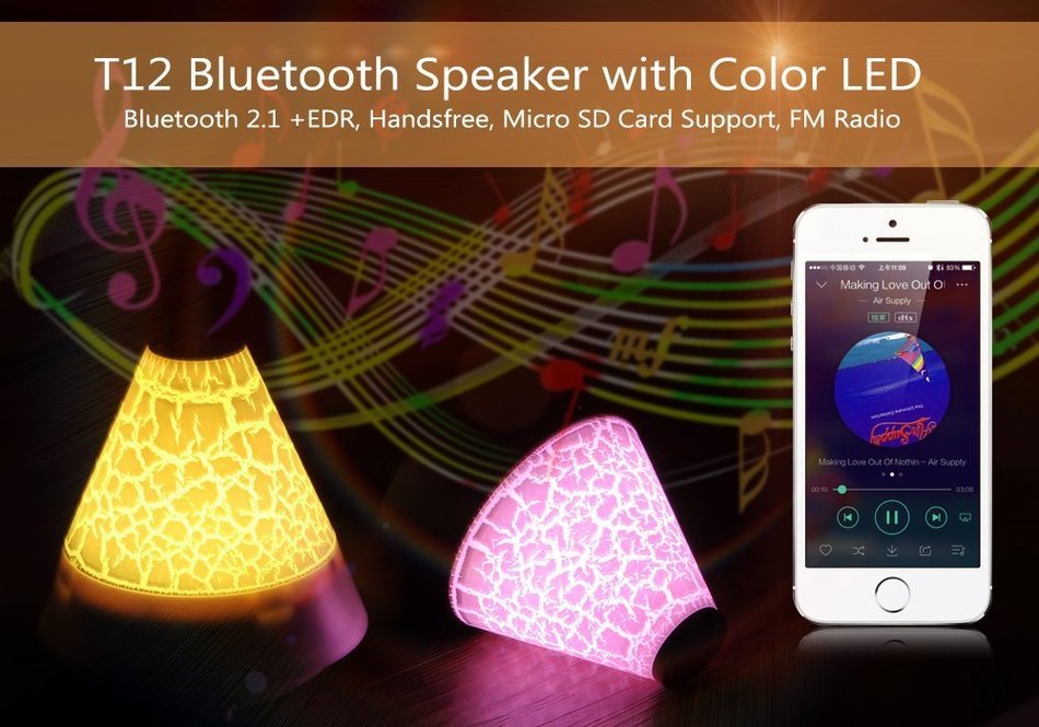 T12 Bluetooth Speaker with Color LED ??? Bluetooth 2.1 +EDR, Handsfree, Micro SD Card Support, FM Radio (White) N4