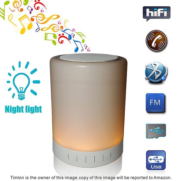 Timlon Wireless Bluetooth Speaker with Stereo Sound and LED Light - White