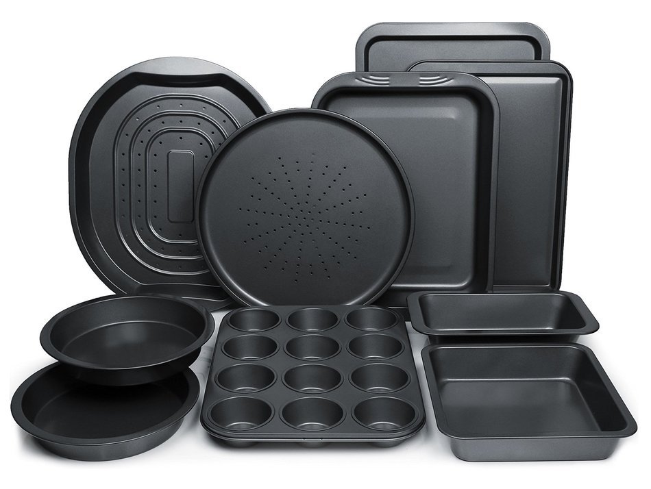 ChefLand 10-Piece Non-Stick Bakeware Set, Oven Crisper, Pizza Tray, Roasting, Loaf, Muffin, Square, 2 Round Cake... N2