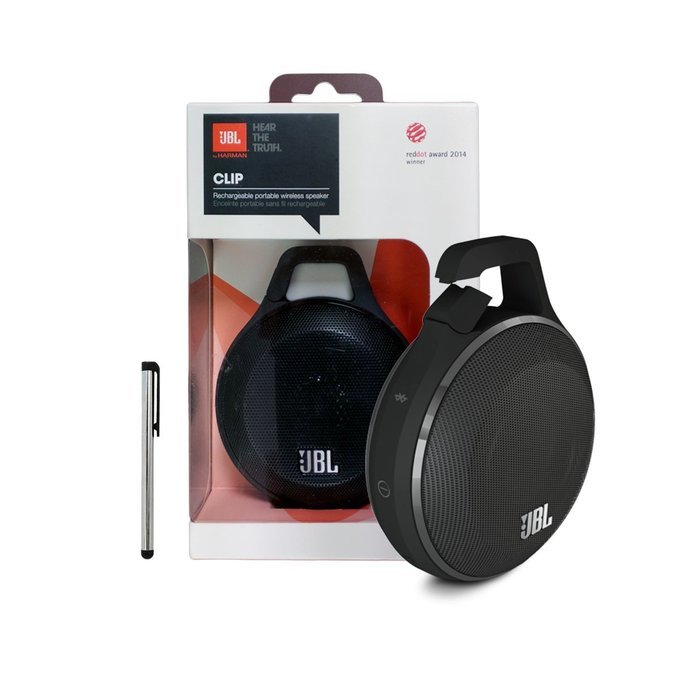 JBL Clip Portable Bluetooth Speaker in Black (Manufacturer Refurbished) -w/Universal Stylus