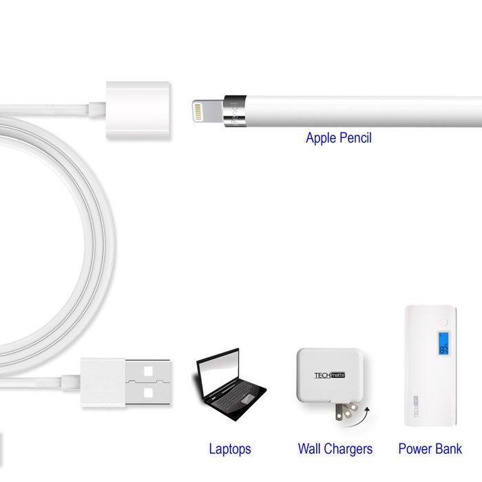 TechMatte Apple Pencil Charging Cable for iPad Pro 12.9, 9.7 inch Male to Female Cord (3 Feet) N2