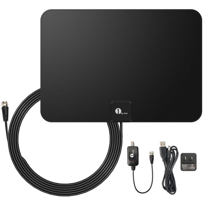1byone Amplified HDTV Antenna - 50 Mile Range with Detachable Amplifier Power Supply and 10ft Coax Cable
