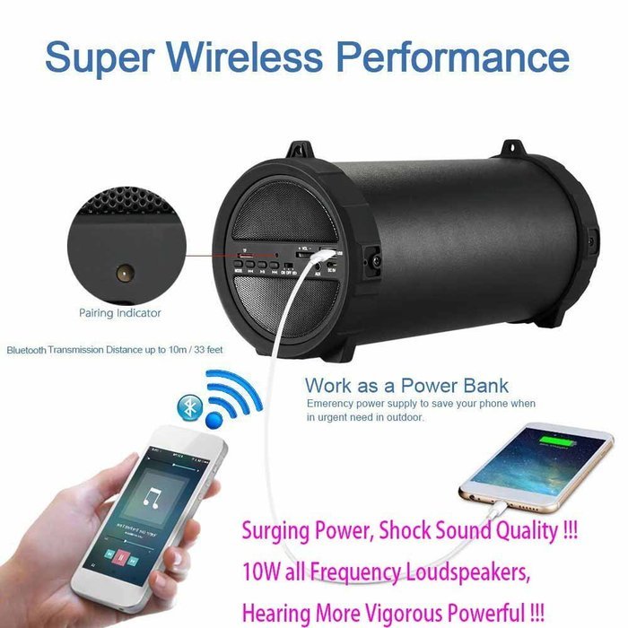 2000mAh 10W HiFi Ultra Bass Loud Sound Wireless Bluetooth Speaker Audio Player Support TF Card USB AUX FM Radio... N4