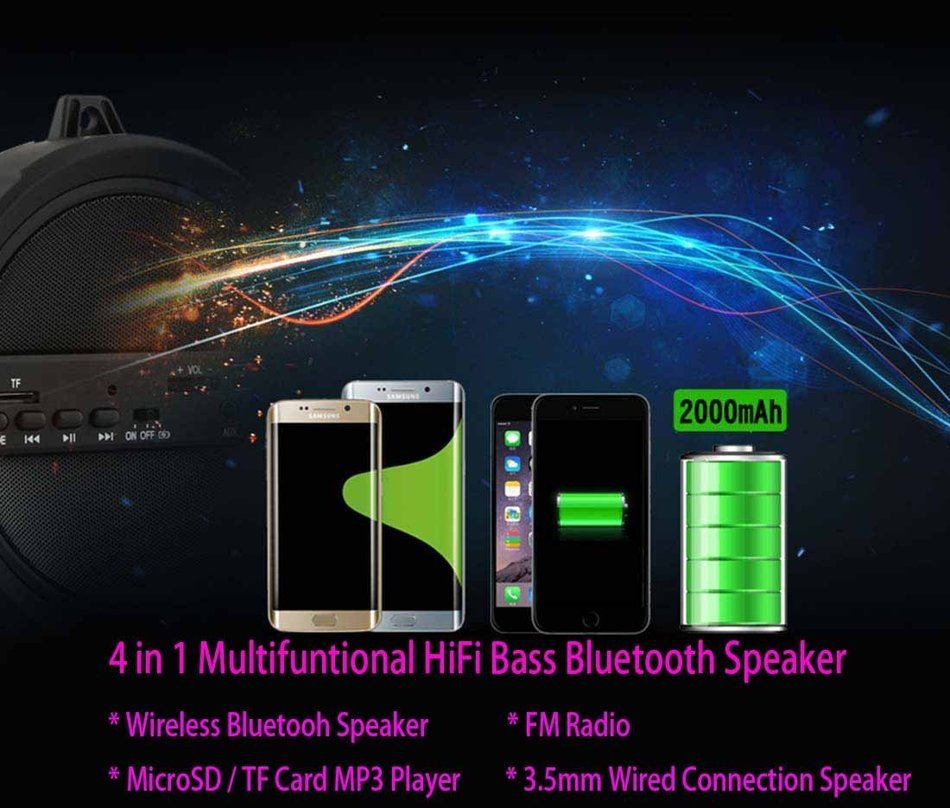 2000mAh 10W HiFi Ultra Bass Loud Sound Wireless Bluetooth Speaker Audio Player Support TF Card USB AUX FM Radio... N6