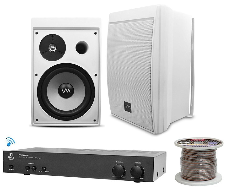 Bluetooth Outdoor PA Speakers - 2 VM Audio 8-Inch Speakers with Pyle 2000BT Amp with Wire