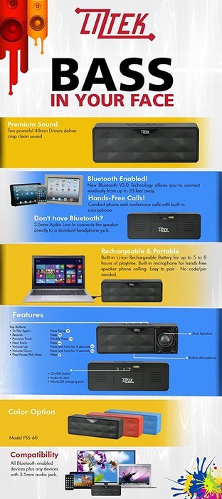 Liztek PSS-60 Portable Bluetooth Speaker with Microphone for Smartphones - Black N2