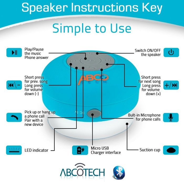 Abco Tech Water Resistant Wireless Bluetooth Shower Speaker with Suction Cup and Hands-Free Speakerphone, Aqua N2