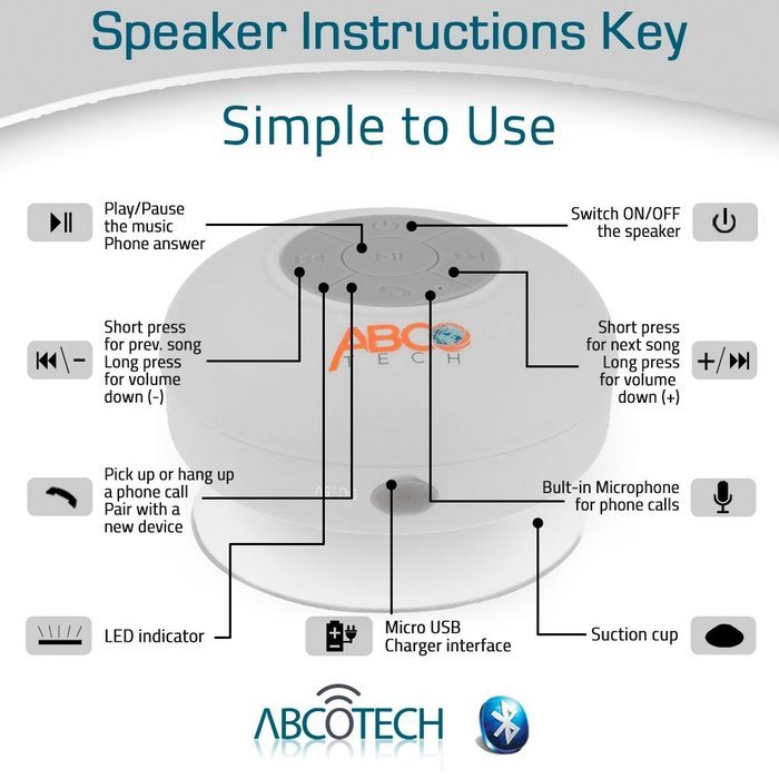 Abco Tech Water Resistant Wireless Bluetooth Shower Speaker with Suction Cup and Hands-Free Speakerphone, Aqua N35