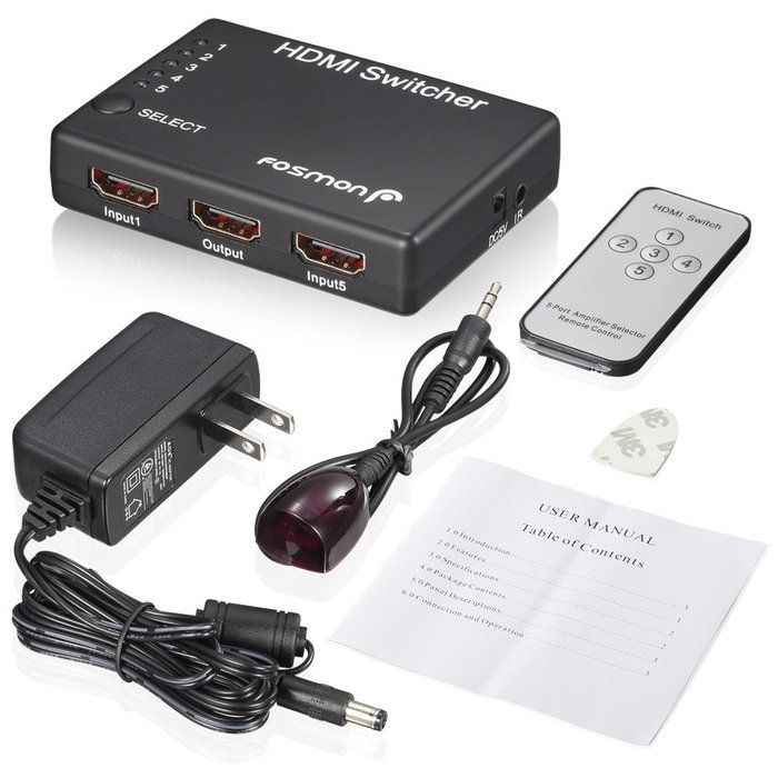 Fosmon HD1832 Intelligent 5x1 5-Port HDMI Switch/Switcher with IR Remote and AC Adapter Supports 3D