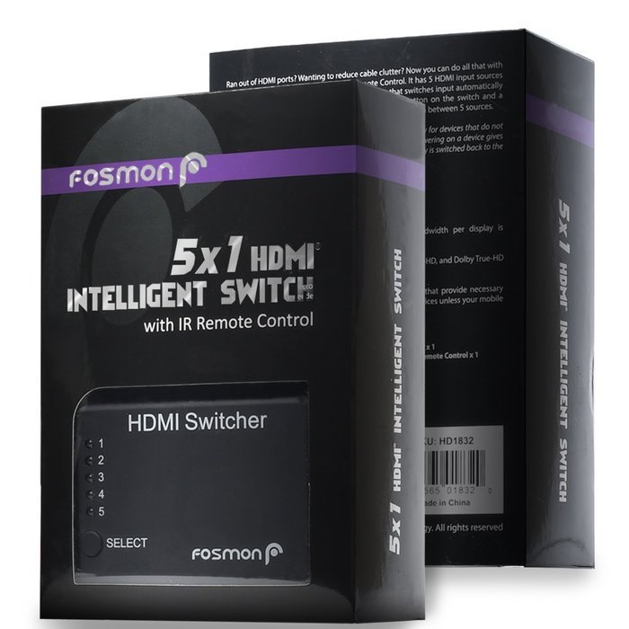 Fosmon HD1832 Intelligent 5x1 5-Port HDMI Switch/Switcher with IR Remote and AC Adapter Supports 3D N6
