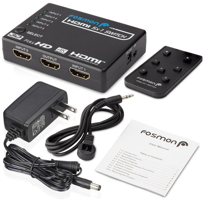Fosmon HD1832 Intelligent 5x1 5-Port HDMI Switch/Switcher with IR Remote and AC Adapter Supports 3D N8