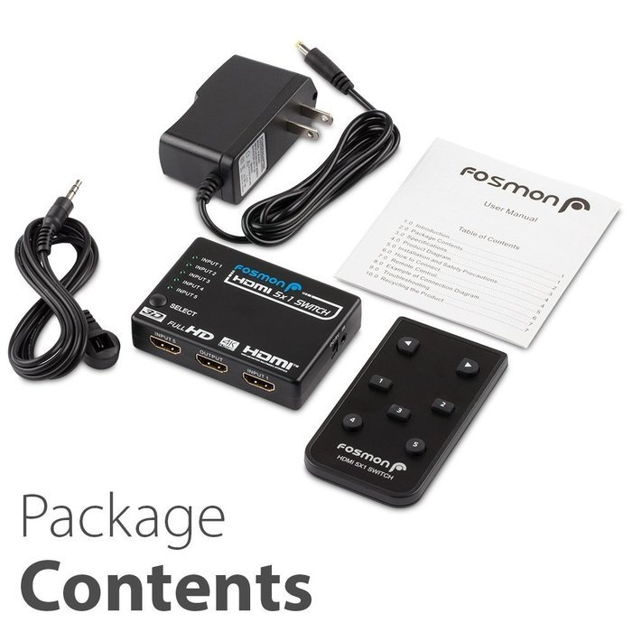 Fosmon HD1832 Intelligent 5x1 5-Port HDMI Switch/Switcher with IR Remote and AC Adapter Supports 3D N13