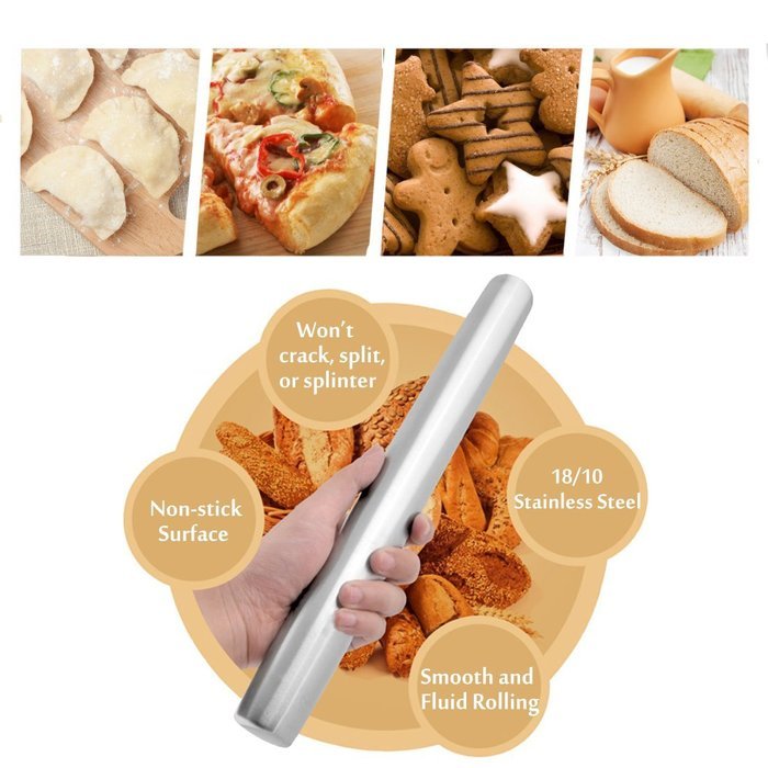 Yoofor 18/10 (304) Stainless Steel Rolling Pin, 16" / 40cm Non-Stick Kitchen Baking Tool N2