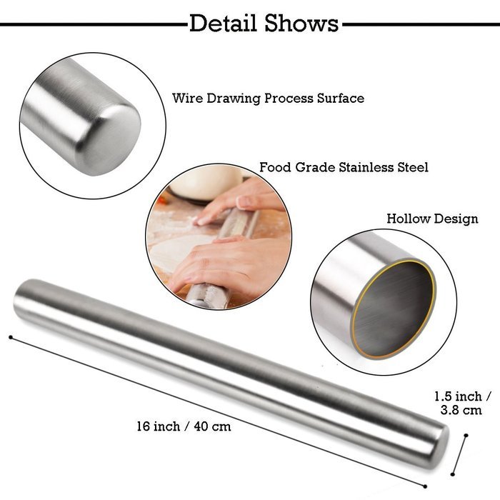 Yoofor 18/10 (304) Stainless Steel Rolling Pin, 16" / 40cm Non-Stick Kitchen Baking Tool N3