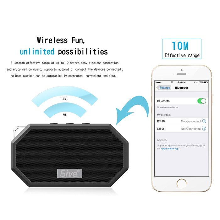 5ive Sport Rugged Outdoor & Shower Bluetooth 4.0 Speaker Portable Stereo IP65 Waterproof Speaker with Built-in... N4