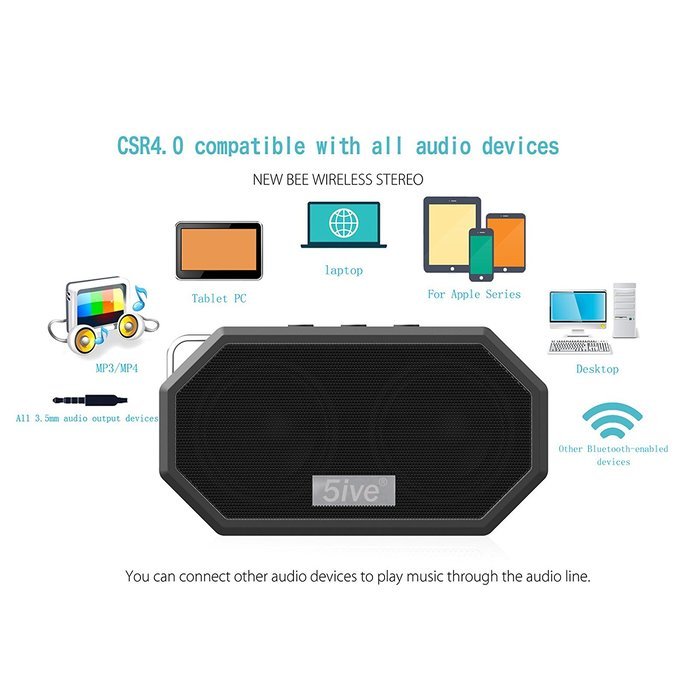 5ive Sport Rugged Outdoor & Shower Bluetooth 4.0 Speaker Portable Stereo IP65 Waterproof Speaker with Built-in... N6