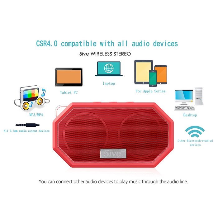 5ive Sport Rugged Outdoor & Shower Bluetooth 4.0 Speaker Portable Stereo IP65 Waterproof Speaker with Built-in... N13