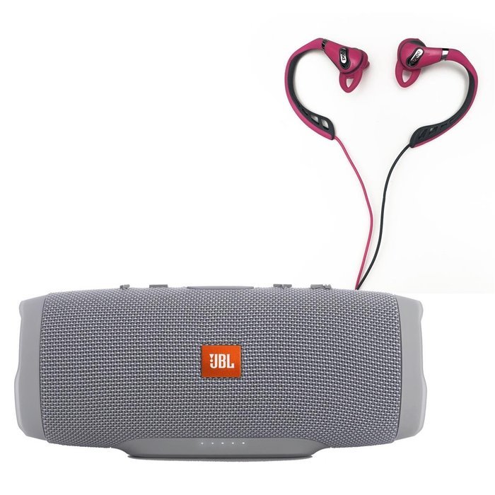 JBL Charge 3 Waterproof Portable Bluetooth Speaker (Gray) and Polk Audio UltraFit 500 Mid-Flange Earphones (Pink...