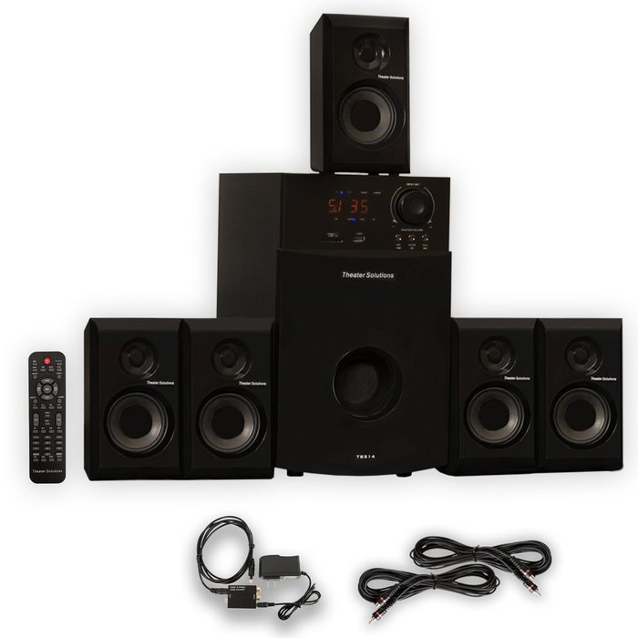 Theater Solutions TS514 Home 5.1 Speaker System with Optical Input USB FM and 2 Extension Cables