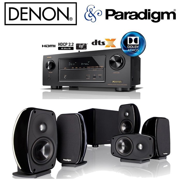 Denon AVR-X2300W Receiver Bundle with Paradigm Cinema 100 CT Home Theater System