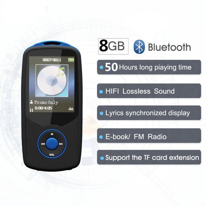 MEEKO 8GB Hi-Fi Lossless Sound Bluetooth MP3 Player 50 Hours Playback,FM Radio Record, Blue N5