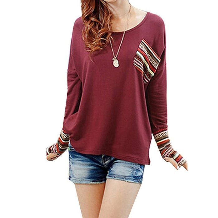 AIMTOPPY Womens Long Sleeve Round Neck Loose Shirt Blouse Tops (L, Red)