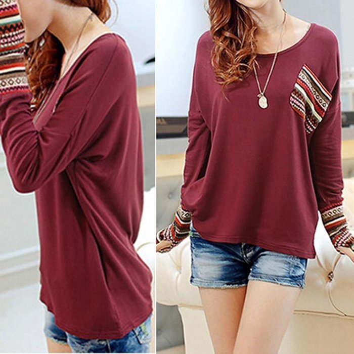 AIMTOPPY Womens Long Sleeve Round Neck Loose Shirt Blouse Tops (L, Red) N2