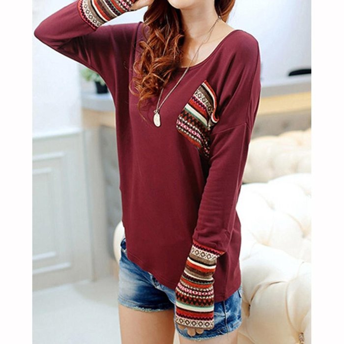 AIMTOPPY Womens Long Sleeve Round Neck Loose Shirt Blouse Tops (L, Red) N3