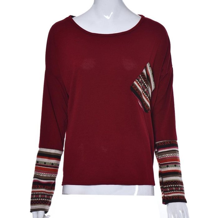 AIMTOPPY Womens Long Sleeve Round Neck Loose Shirt Blouse Tops (L, Red) N4