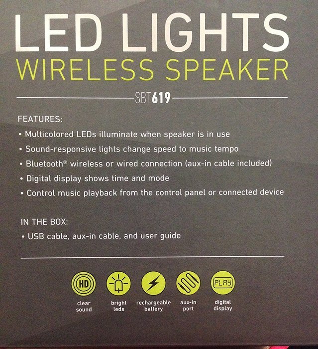 Sharper Image Bluetooth wireless Speaker With LED Lights And Control Panel (Black) N2