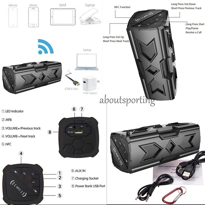 NP4U Portable Waterproof Stereo Wireless Bluetooth 3600mAh Power Bank OUTDOOR SPEAKER BLACK N3